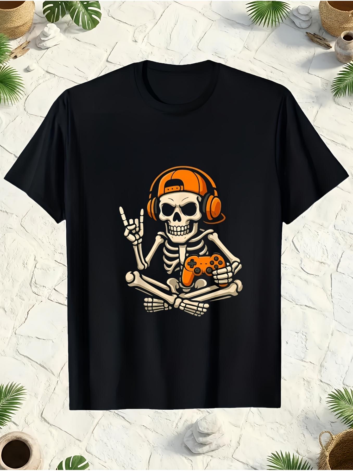 Retro Gaming Event - メンズビデオゲームスカルプリントTシャツ - レトロゲーミングTシャツ、夏のカジュアルウェアに最適、洗濯機で洗えるラウンドネック半袖シャツ、象徴的なスカルとコントローラーのデザイン、普段使いやテーマイベントに最適