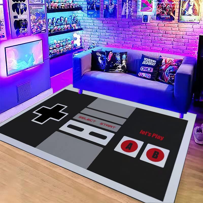 Retro Gaming Quotes - ビンテージNESコントローラーをテーマにしたラグ、滑り止めマット（「Let's Play」の言葉入り）、ゲームルーム＆寝室用、レトロテック装飾カーペット